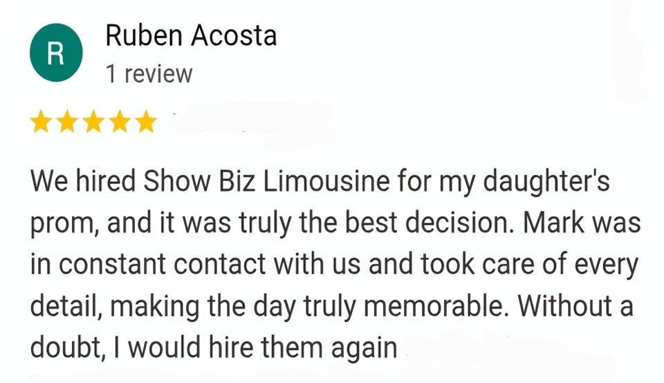 Show Biz Limousine the 5 Star Google Rated Limo Service provides the #1 best, top rated and most affordable luxuriously, comfortable and reliable Limo and transportation service, day and night, to and from all of your special occasions: Prom, Wedding, Quinceañera, Sweet 16, Boda, Night Club, Casino, Concert, Sporting Event, Anniversary, Bachelor Party, Bachelorette Party, Airport Transportation, Wine Tour, Birthday Party, Long Island Limo, Limo Long Island, Limo Rental, Quinceañera Limusina, Boda Limusina, Concert Limo, Casino Limo, Night Club Limo, Free Bottle of Champagne